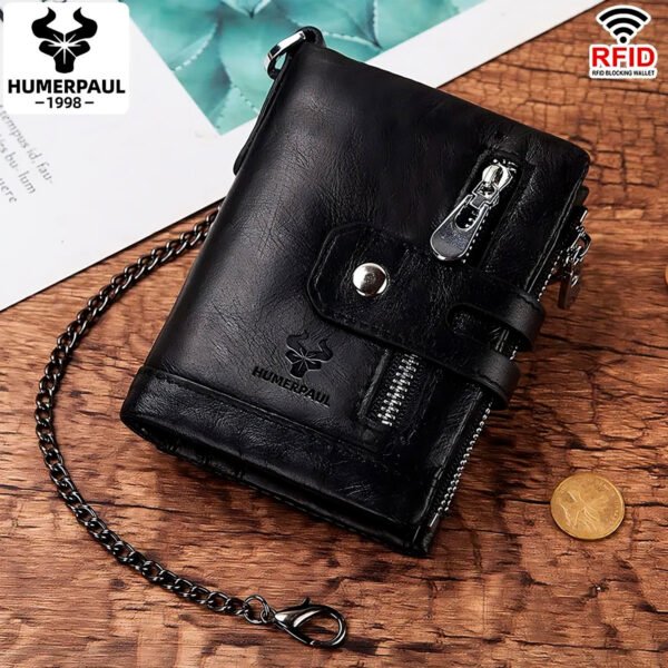 HUMERPAUL100 % Cartera de cuero de vaca auténtico para hombre, monedero corto RFID, tarjetero, doble cremallera, bolsillo plegable para monedas (6) Billetera Hombre Cuero Humerpaul Con Proteccion Rfid