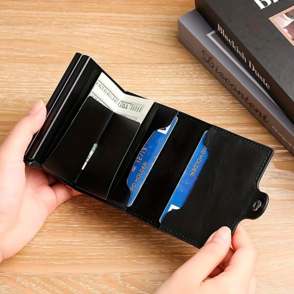 RFIDShieldPULather Abrazadera automática para tarjetas emergente, billetera para tarjetas de crédito de aleación de aluminio doble, con más de una ranura para tarjetas (3) Billetera Cartera Doble Tarjetero Aleacion Aluminio Y Rfid