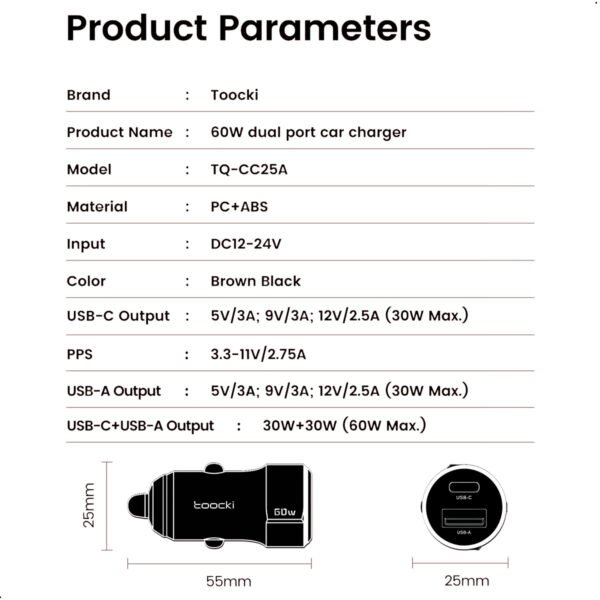 Cargador de Coche Toocki 60W 30W Carga Rápida Transparente Caja PD 27W para iPhone 15 14 13 12 Xiaomi Poco Samsung Carga Rápida Cargador (10) Cargador Toocki Cigarrera Auto Carro 60w Con Cable Tipo C