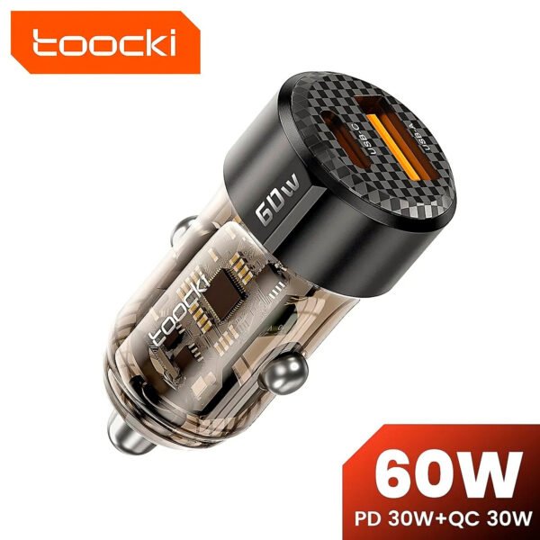 Cargador de Coche Toocki 60W 30W Carga Rápida Transparente Caja PD 27W para iPhone 15 14 13 12 Xiaomi Poco Samsung Carga Rápida Cargador (11) Cargador Toocki Cigarrera Auto Carro 60w Con Cable Tipo C