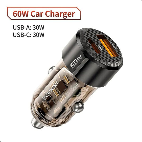 Cargador de Coche Toocki 60W 30W Carga Rápida Transparente Caja PD 27W para iPhone 15 14 13 12 Xiaomi Poco Samsung Carga Rápida Cargador (7) Cargador Toocki Cigarrera Auto Carro 60w Con Cable Tipo C