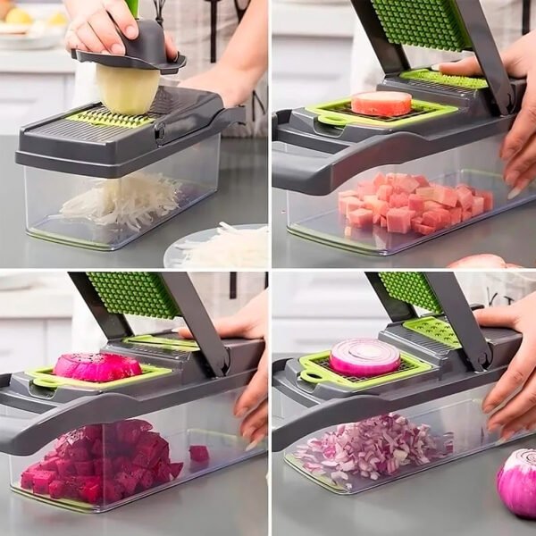 Cortador de verduras multifunción 14 en 1. Esta picadora de alimentos es una opción perfecta para ahorrar tiempo y mantenerte seguro. El cortador de verduras es muy bueno (7) Cortador Picador De Alimentos Rallador Manual 14 En 1