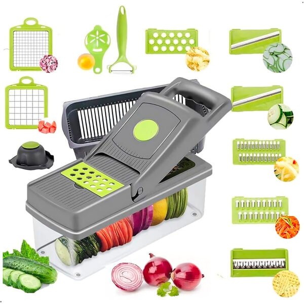 Cortador de verduras multifunción 14 en 1. Esta picadora de alimentos es una opción perfecta para ahorrar tiempo y mantenerte seguro. El cortador de verduras es muy bueno (8) Cortador Picador De Alimentos Rallador Manual 14 En 1