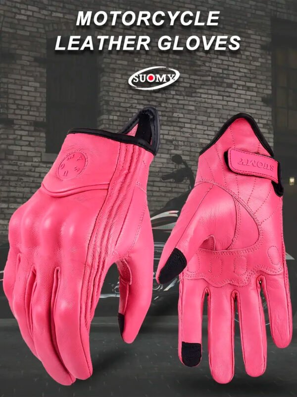 Guantes De Cuero Rosa Moto Motociclista Tactil Cuero Genuino