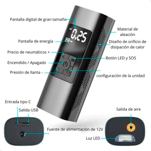 Inflador de Llantas Multifuncional Compresor de Aire Portátil Seisa AF-C04 (8) Compresor Inflador Portati Seisa Af-c04 Moto Bicicleta Auto