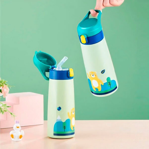 Nuevo Niños Taza De Paja De Acero Inoxidable Con Cubierta Caricatura Thermos Botella Hogar Cocina Botella De Agua Café Taza Térmica (2) Termo Para Niños Diseño Oso Caliente Frio 500 Ml Verde
