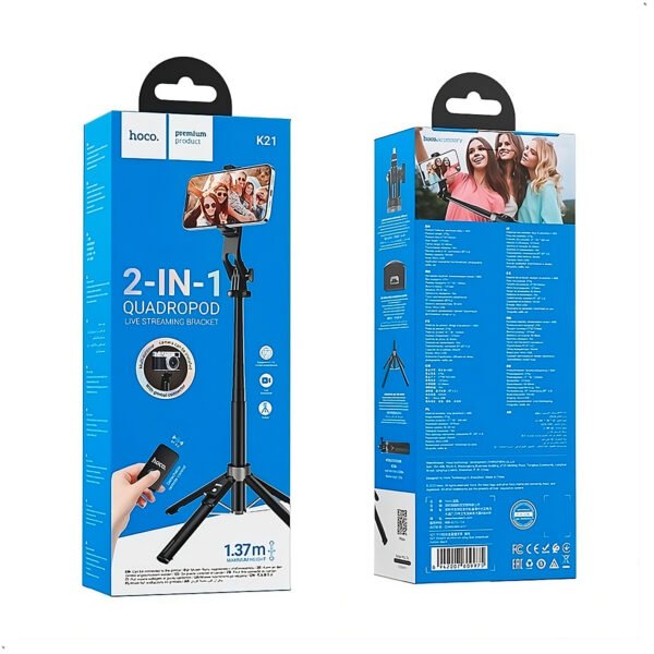 Palo Selfie Stick Hoco K21 137 cm Camara de accion Camara (6) Trípode Palo Selfie Hoco K21 Control Remoto Bluetooth 2 en 1