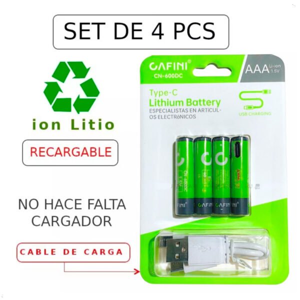 Pilas Recargables Aaa 1.5v Carga Tipo C + Cable Usb Cafini