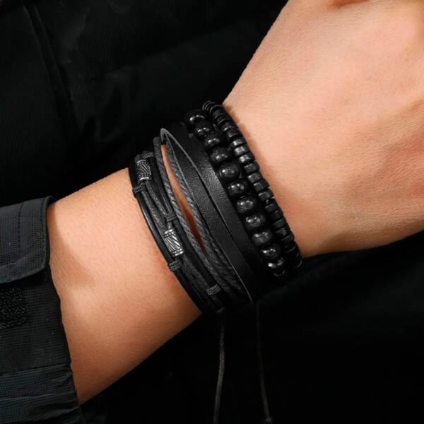 Pulsera de hombre con cuentas de madera multicapa Vintage, accesorios de moda, 4 Unidades (3) Pulseras Brazalete Vintage Ajustables Cuero 4 Unids