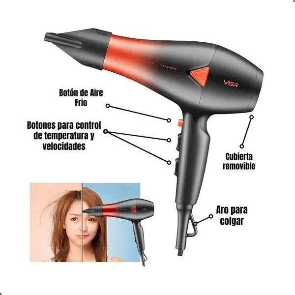 Secadora de Cabello Profesional VGR Motor AC V-455 (3) Secadora De Cabello Profesional Vgr Motor Ac V-455
