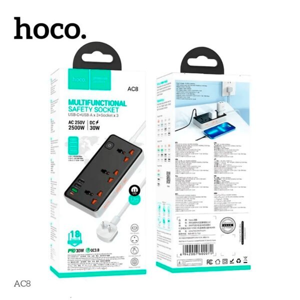 Socket Hoco AC8 30W 2500w (2) Extension Socket Hoco Ac8 30w Puesto Usb A - Tipo C