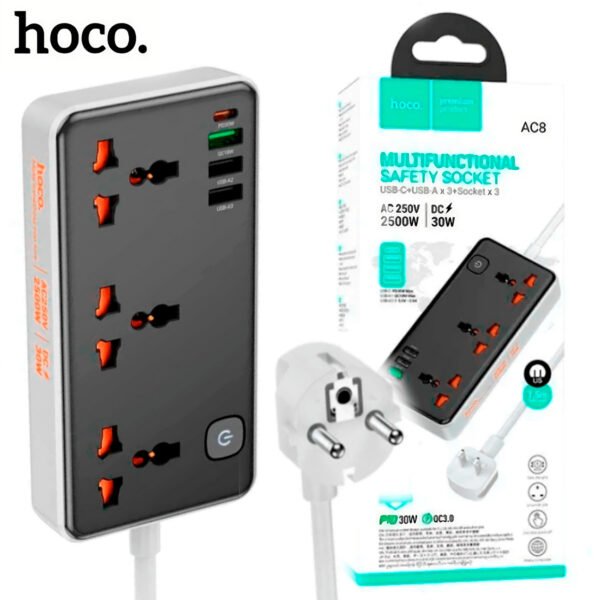 Socket Hoco AC8 30W 2500w (5) Extension Socket Hoco Ac8 30w Puesto Usb A - Tipo C