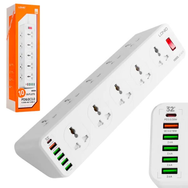 Regleta Ldnio Tomacorriente Pd 20w Carga Rapida 6 Puertos usb