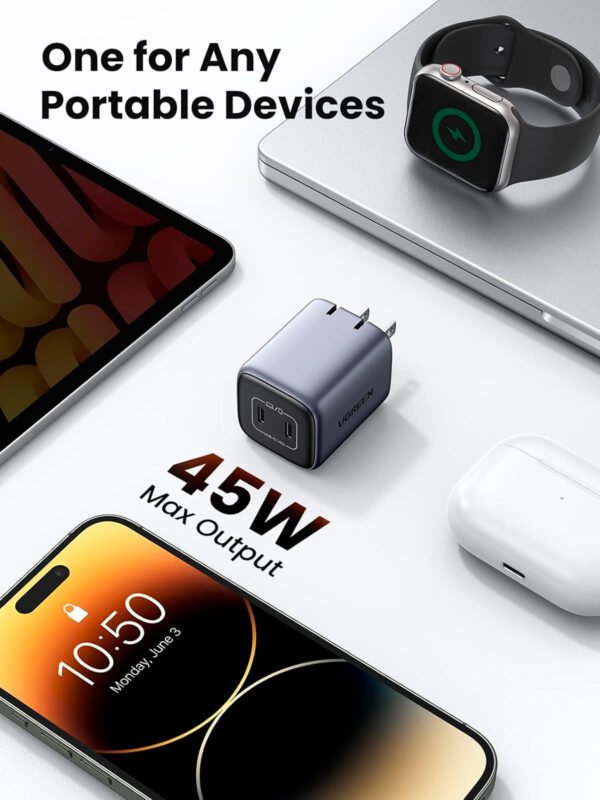 Cargador USB C UGREEN 45W, Bloque de Carga Pared GaN Plegable de 2 Puertos Nexode PPS, Soporte para Samsung Super Fast Charging 2.0 para Galaxy S25S24Note 20, iPhone 16 (8) Cargador De Pared Ugreen Nexode 45w Gan 2 Puerto Usb C