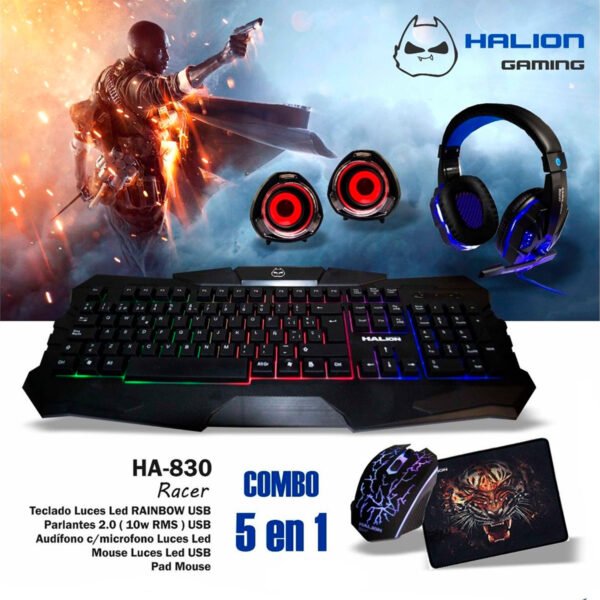 Combo Teclado Mouse Gamer Halion 5 En 1 Racer Ha-830c Negro