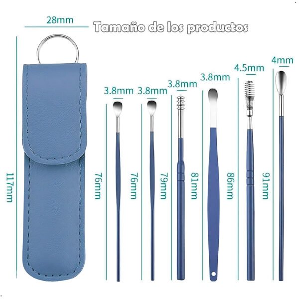 Kit Limpieza Oidos Cerumen Acero Estuche 6 Piezas x 3 Pack de Limpieza