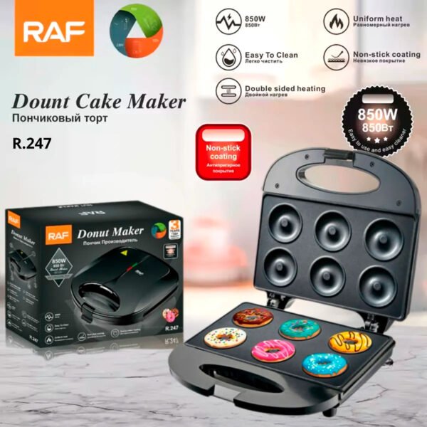 Máquina Para Hacer Donas R247, 6 Donas De 5cm (4) Máquina Mini Donas Antiadherente Raf R.247 850w 6 Donas Negro